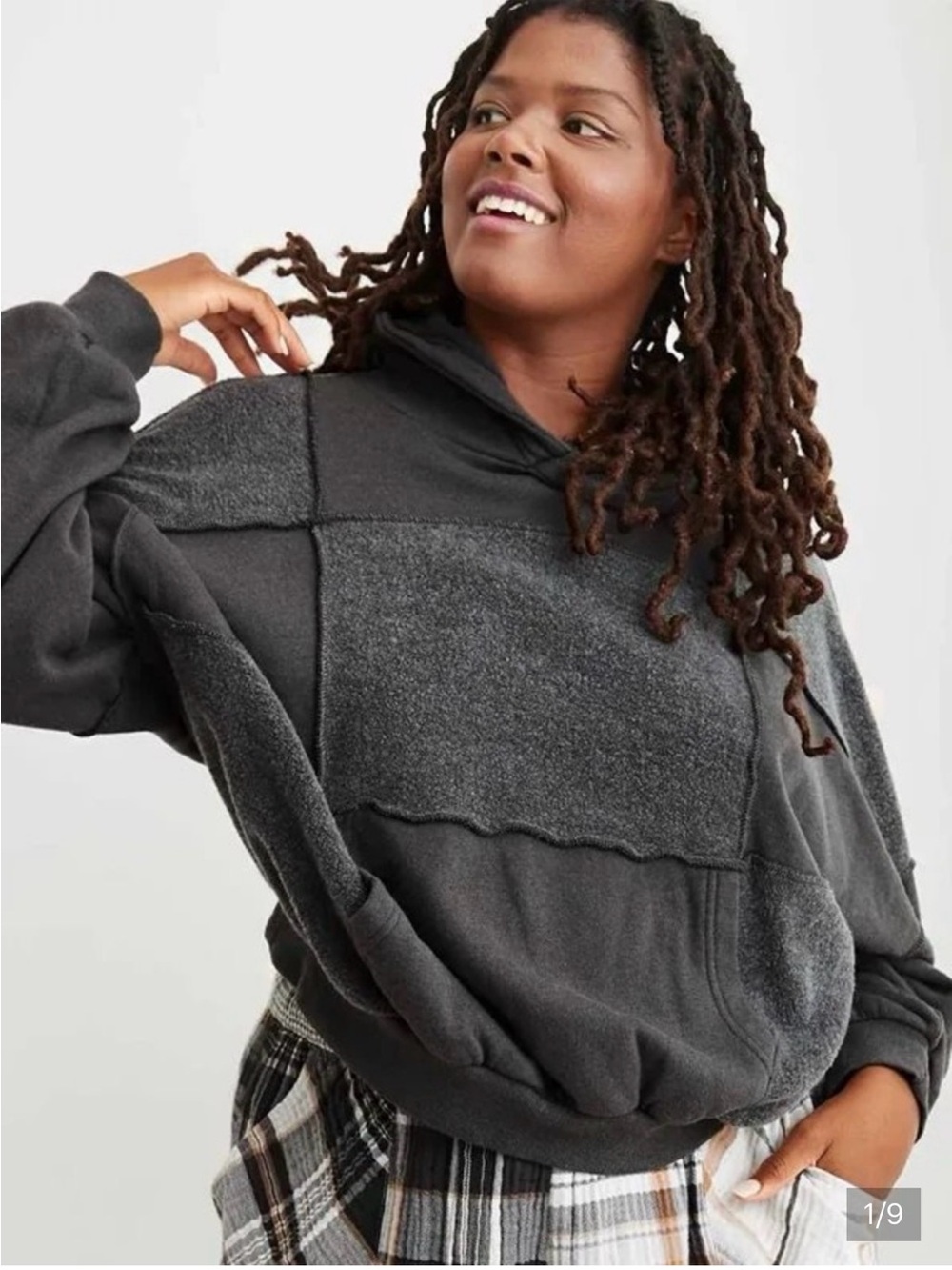Aerie Sherpa Patchwork Oversized Hoodie - Charcoal Grey - Medium